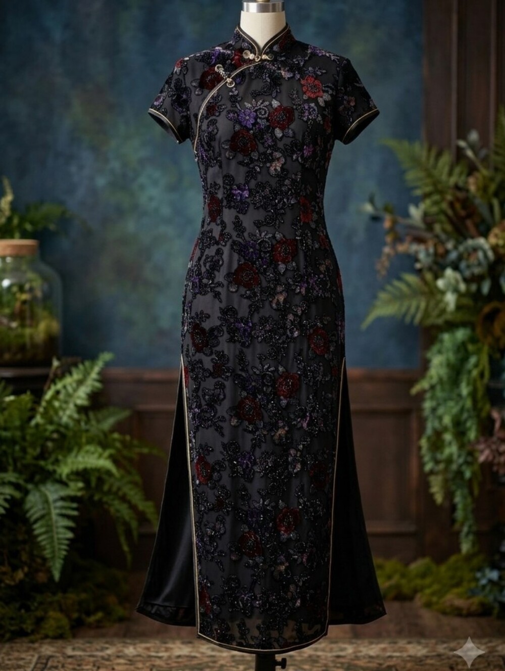 Vintage YHSK Velvet Burnout Rose Cheongsam Qipao Dress Whimsigoth Goth Maxi